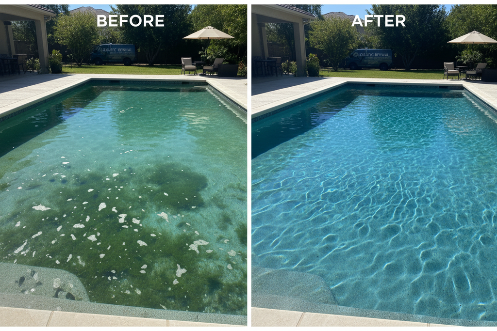 before and after image of a pool receiving algae treatment