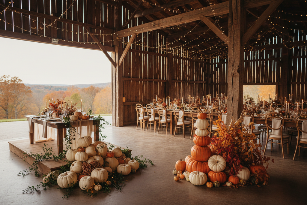 lets do an outdoor wedding inside of an open barn with a combination of orange and white pumpkins for the table centerpieces and 3 other pumpkin doplays around the bard floor