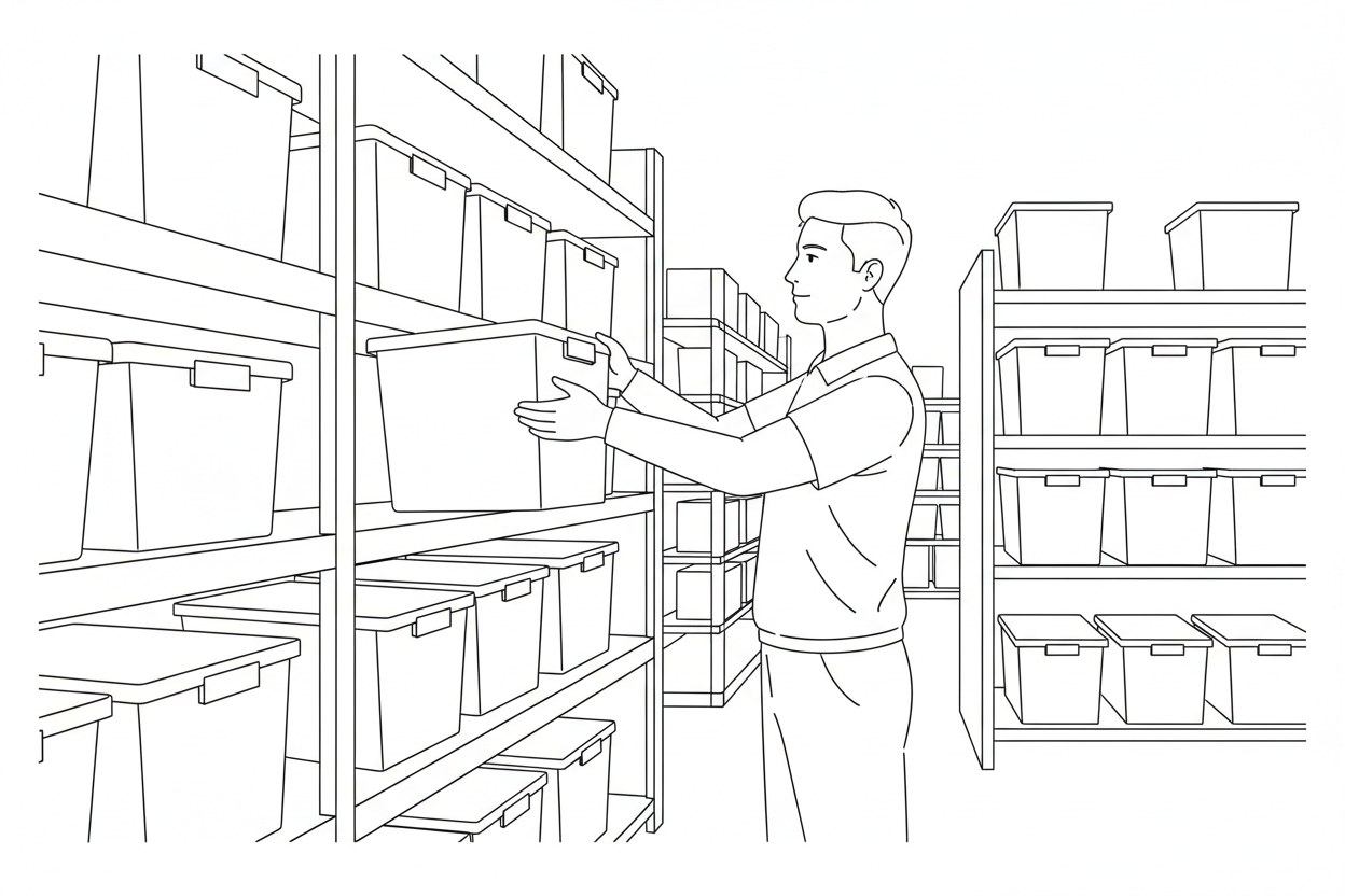 Line art of person retrieving storage totes from warehouse