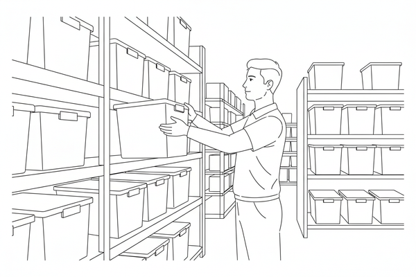 Line art of person retrieving storage totes from warehouse
