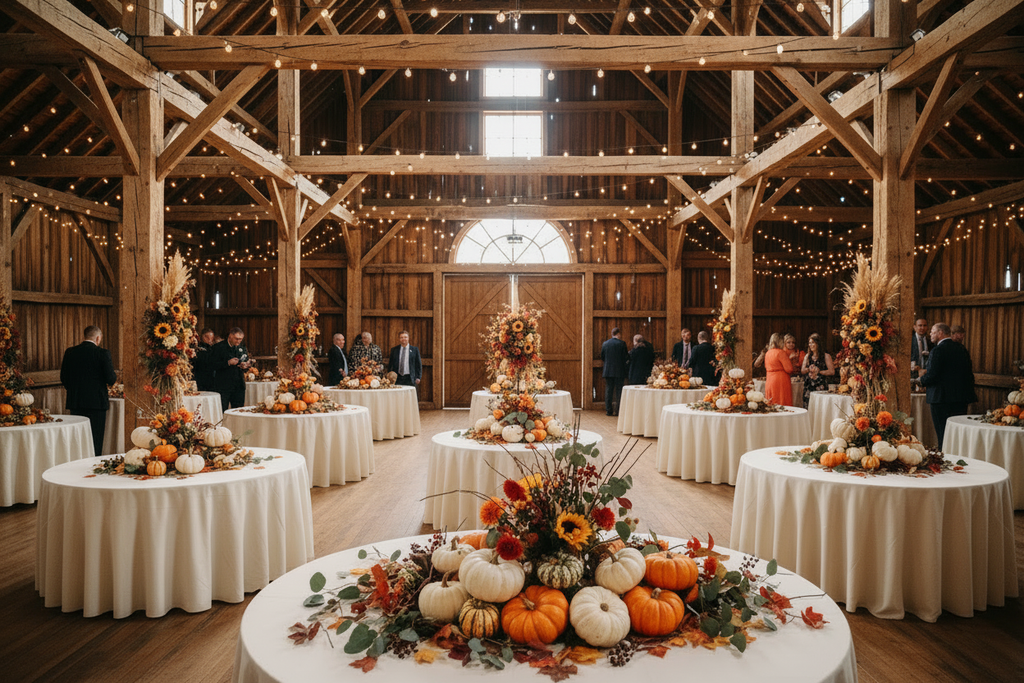 remove the arch of pumpkins in front of the door and add chairs around the tables